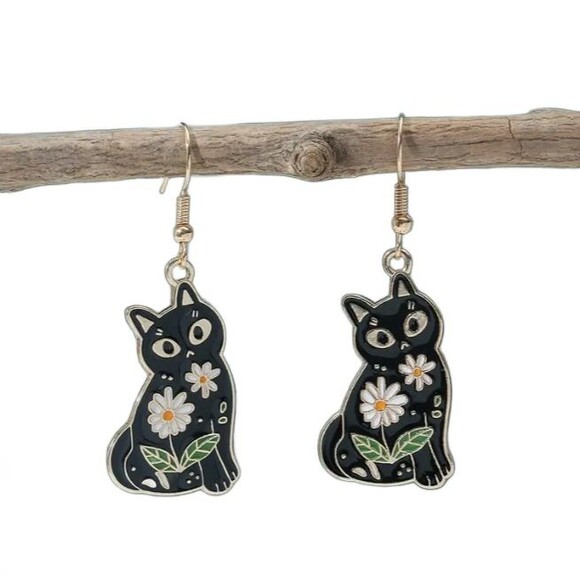 Enamel Black Cat Shaped Earrings Daisies Flowers Dangle - Picture 8 of 8